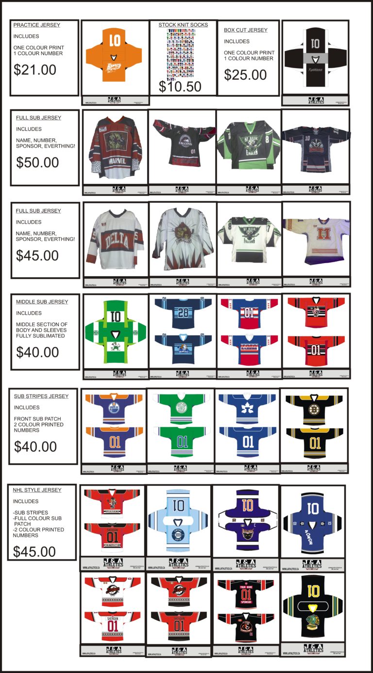 HOCKEY PRICE GUIDE AND SIZE CHART J & A Athletics